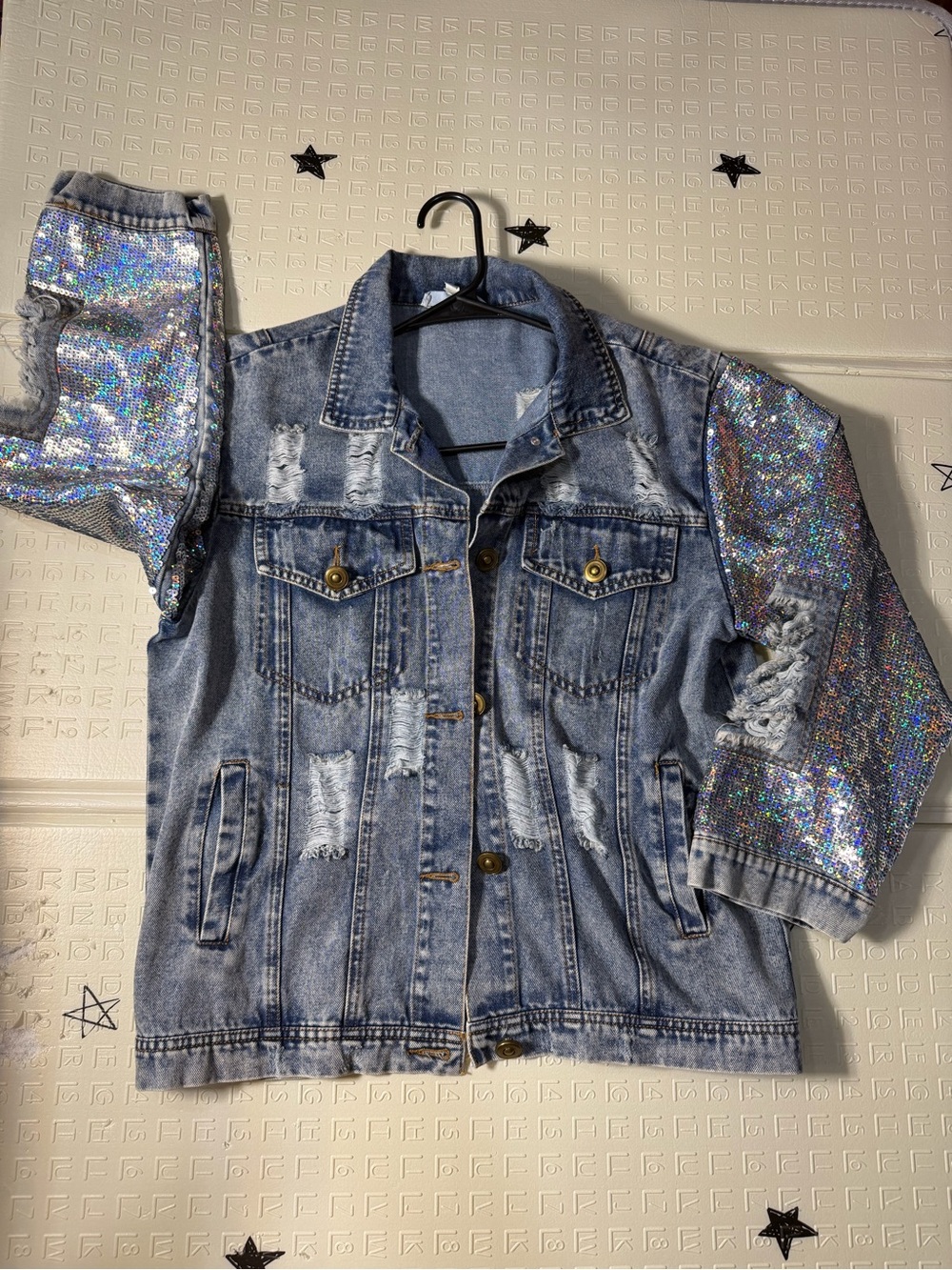 Sequined Sleeve Light Blue Denim Jacket - Women